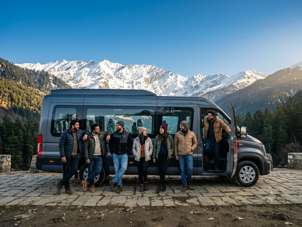 Luxury Tempo Traveller traveling through scenic mountains
